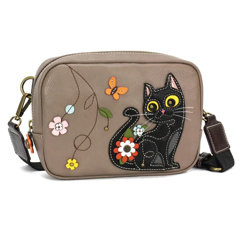 Chala Faux Leather Mini Pack Sling Purse & Waist Bag - Black Cat, Warm Gray NWT